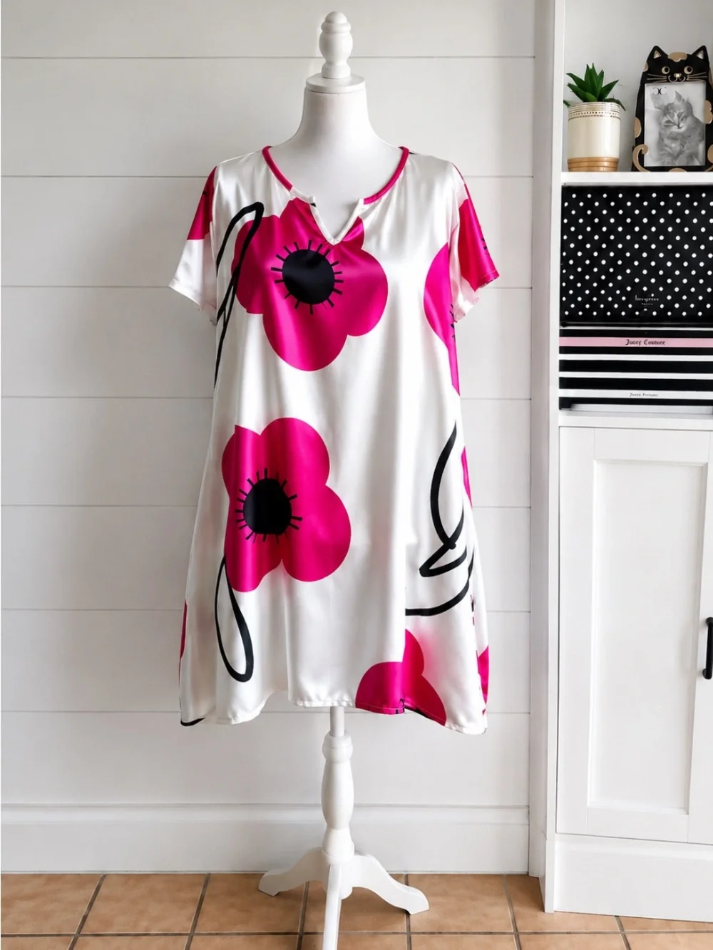 Woman’s ' White Dress with Bright Pink Floral Print. Beautiful silk feel - soft